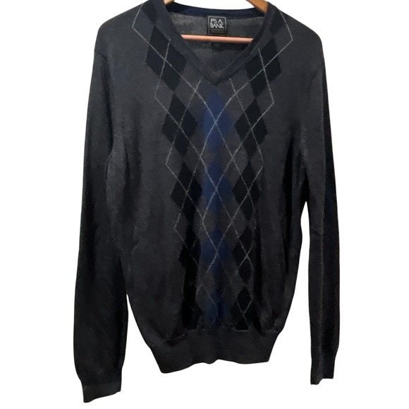 Jos A Bank Traveler Mens Merino Wool Sweater Argyle V Neck Gray Large - Picture 1 of 5